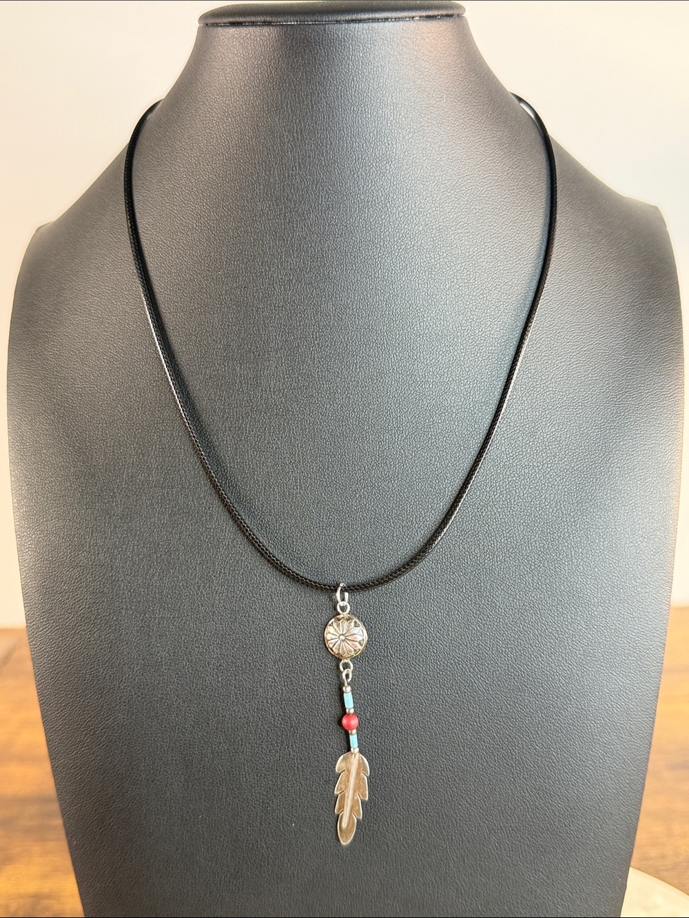 Silver Feather Pendant Necklace with Black Cord